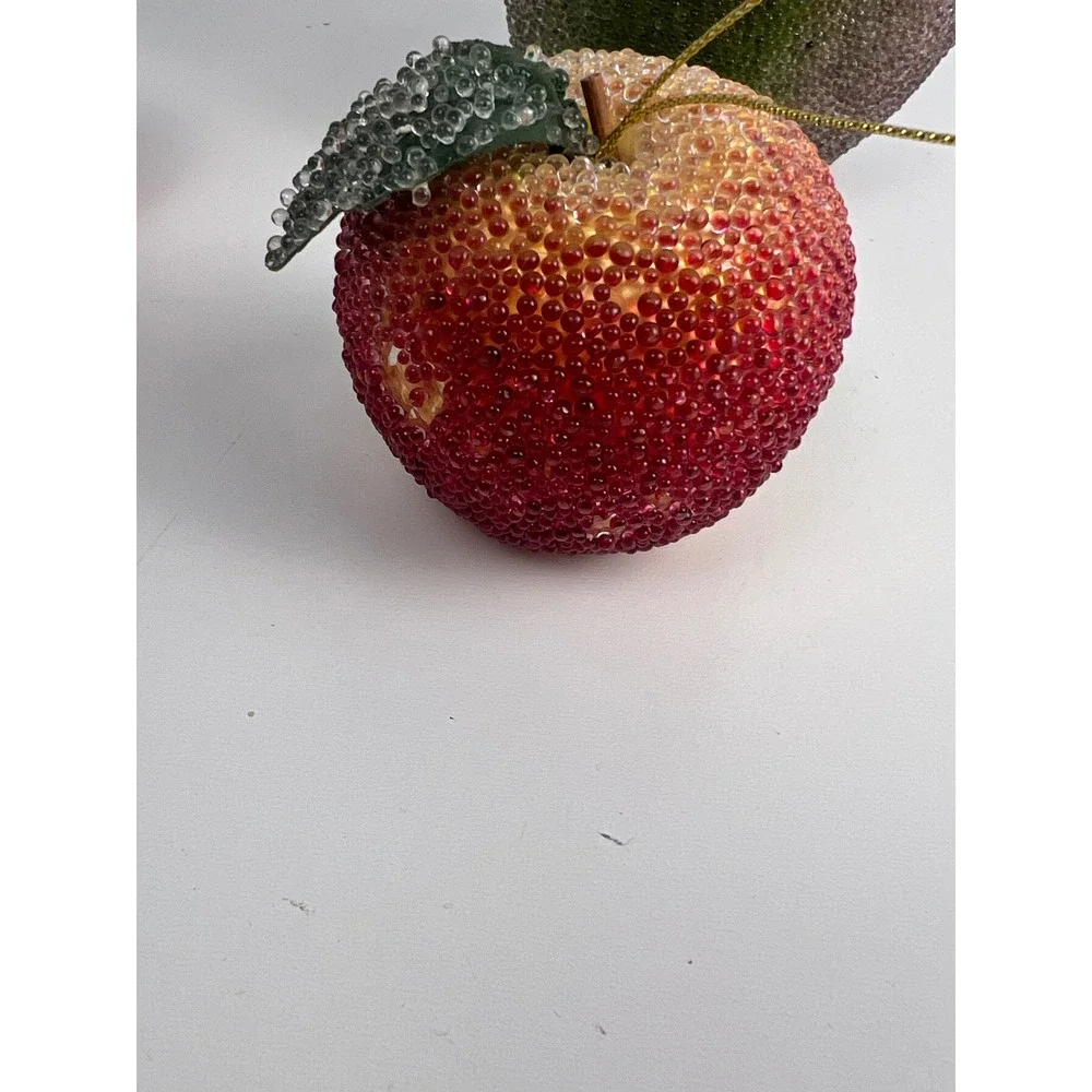 Set of 3 Vintage‎ Sugar Beaded Apples Glittered Red Green Yellow Home Decor
